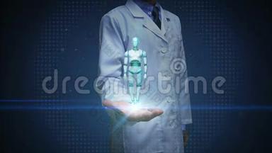 医生打开手掌，旋转透明三维机器人半机器人身体。 人工智能机器人技术。